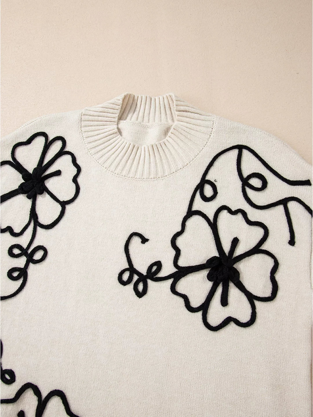 Flower Stitching Mock Neck Sweater
