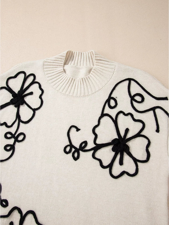 Flower Stitching Mock Neck Sweater