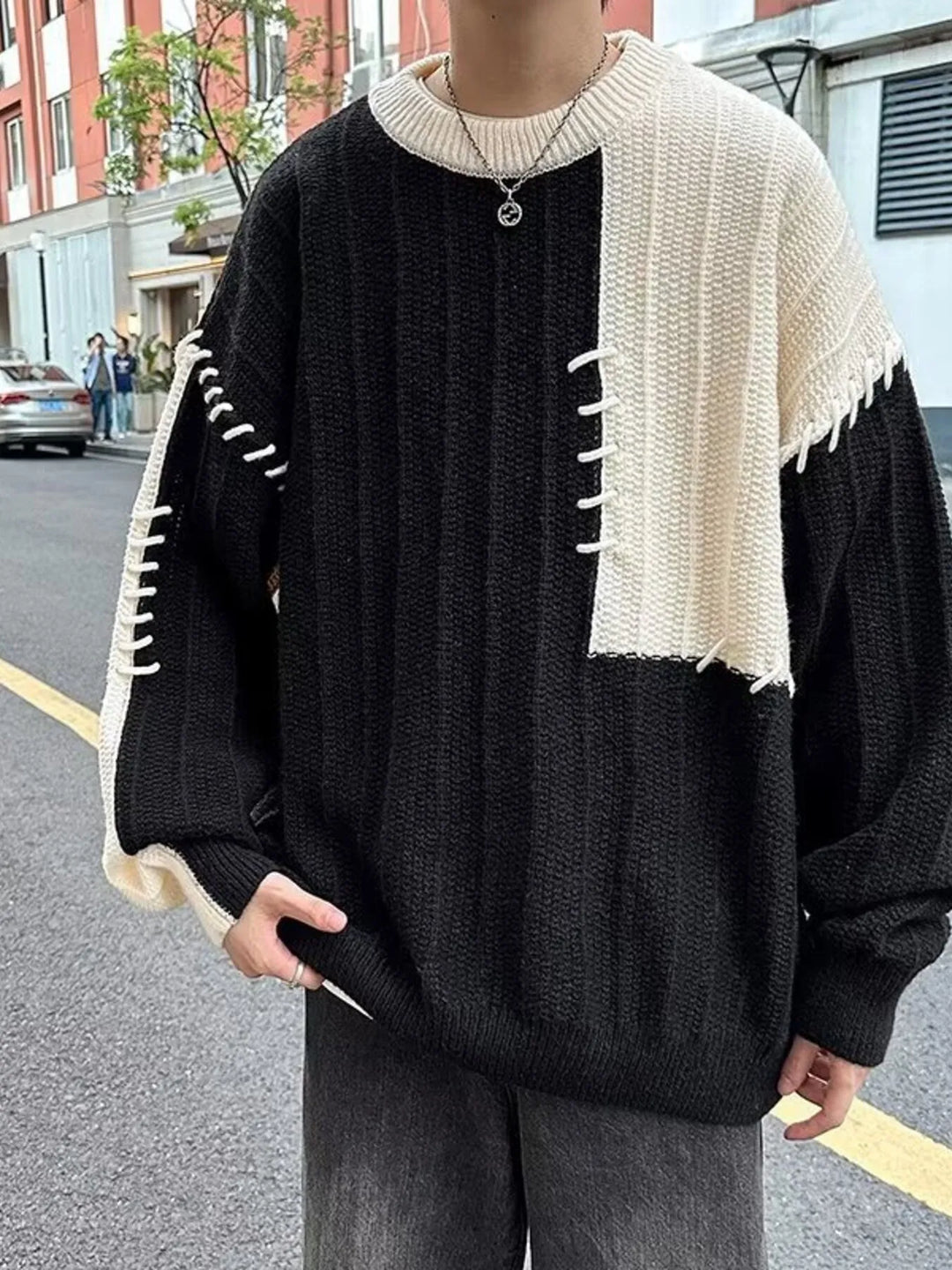 Men's Color Block Round Neck Knitted Pullover