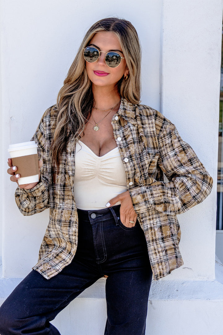 Brown Retro Plaid Long Sleeve Button Down Shirt