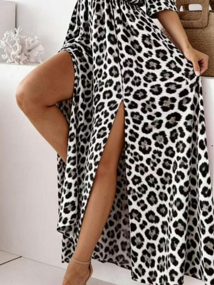 Leopard Print Cold Shoulder Slit Maxi Dress