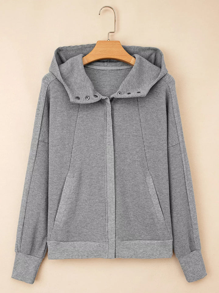 Waffle Splicing Zip Up Front Button Hooded Jacket