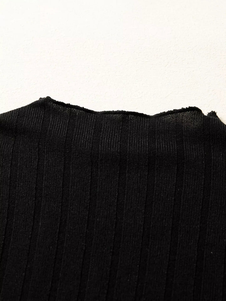 Frilled Neck Ribbed Knit Patchwork Long Sleeve Mini Dress