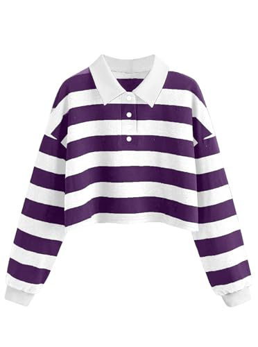 Natalie Winters Dress - Remidoo Women's Collared Half Button Long Sleeve Striped Crop Top Sweatshirt
