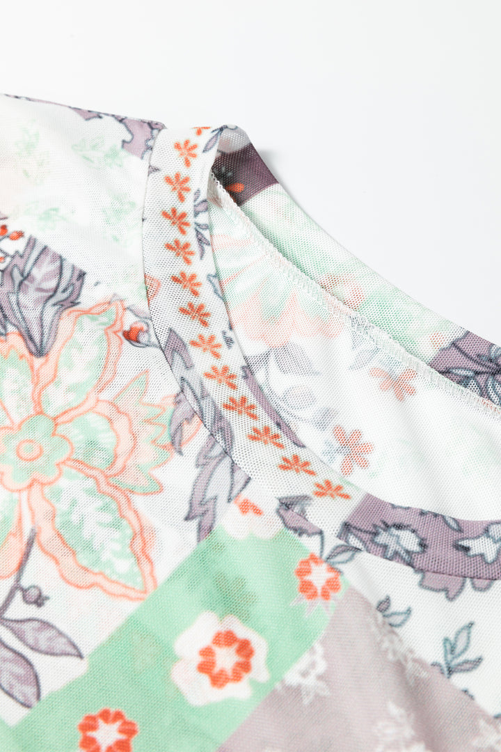 Khaki Mixed Floral Print Patchwork Mock Neck Mesh Top