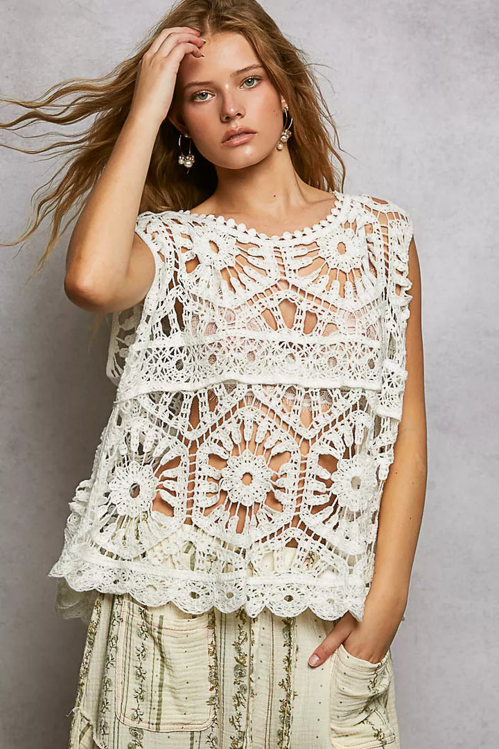 POL Openwork Round Neck Floral Crochet Tank
