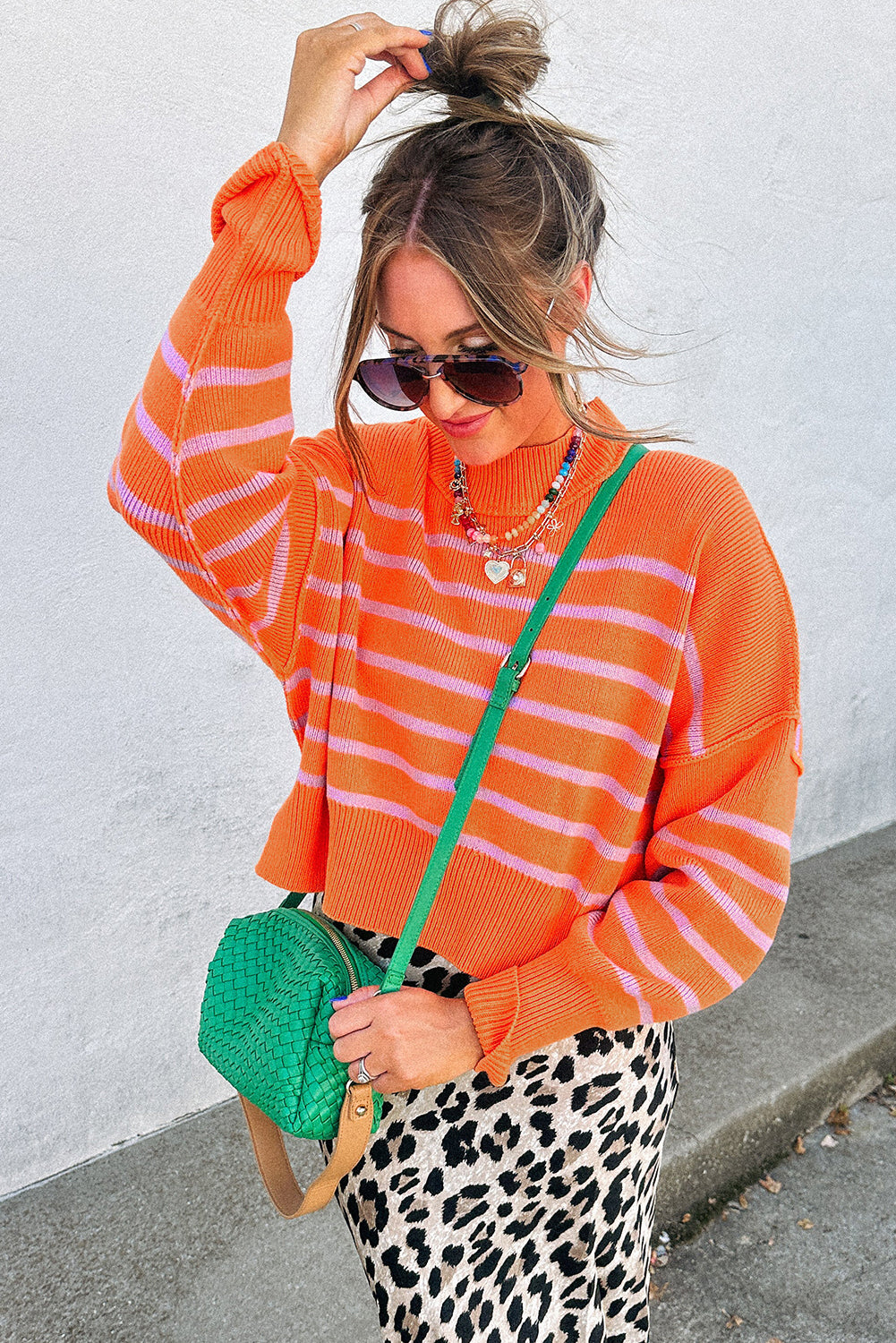 Orange Stripe Ribbed High Neck Drop Shoulder Boxy Fit Sweater