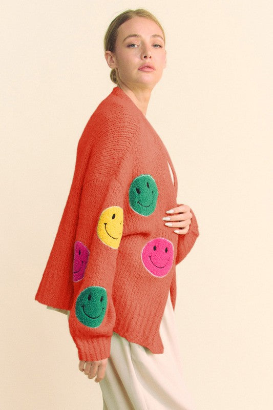 Back To School Sweater - Davi & Dani Fuzzy Smile Open Front Long Sleeve Cardigan