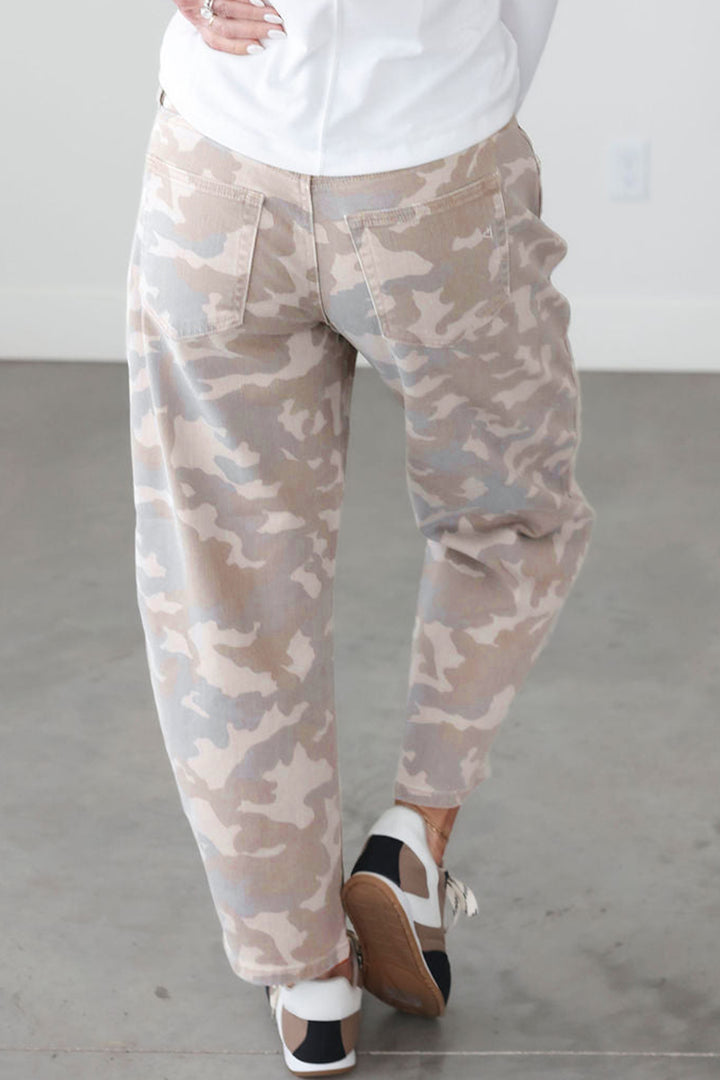 Khaki Camouflage Pattern Pocket Rivet Detail Ankle-Length Harem Fit Jeans