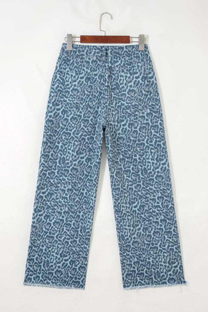 Sky Blue Leopard Frayed Edge Wide Leg High Waist Jeans
