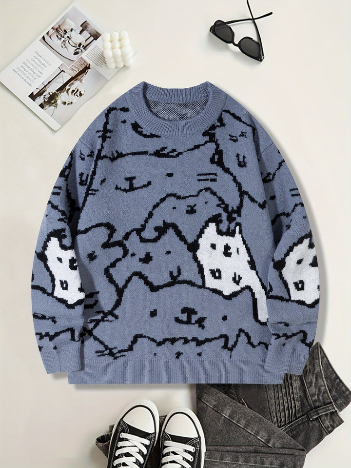 Mens Cute And Quirky Cat-print Knit Sweater