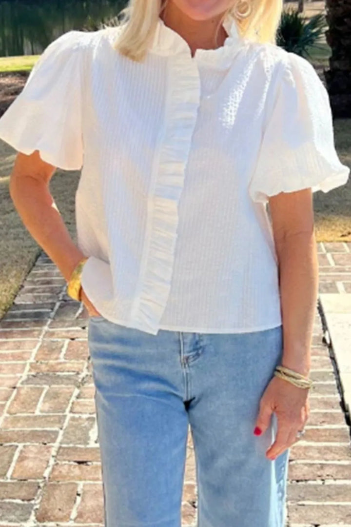 Striped Ruffle Short Bubble Sleeve Shirt