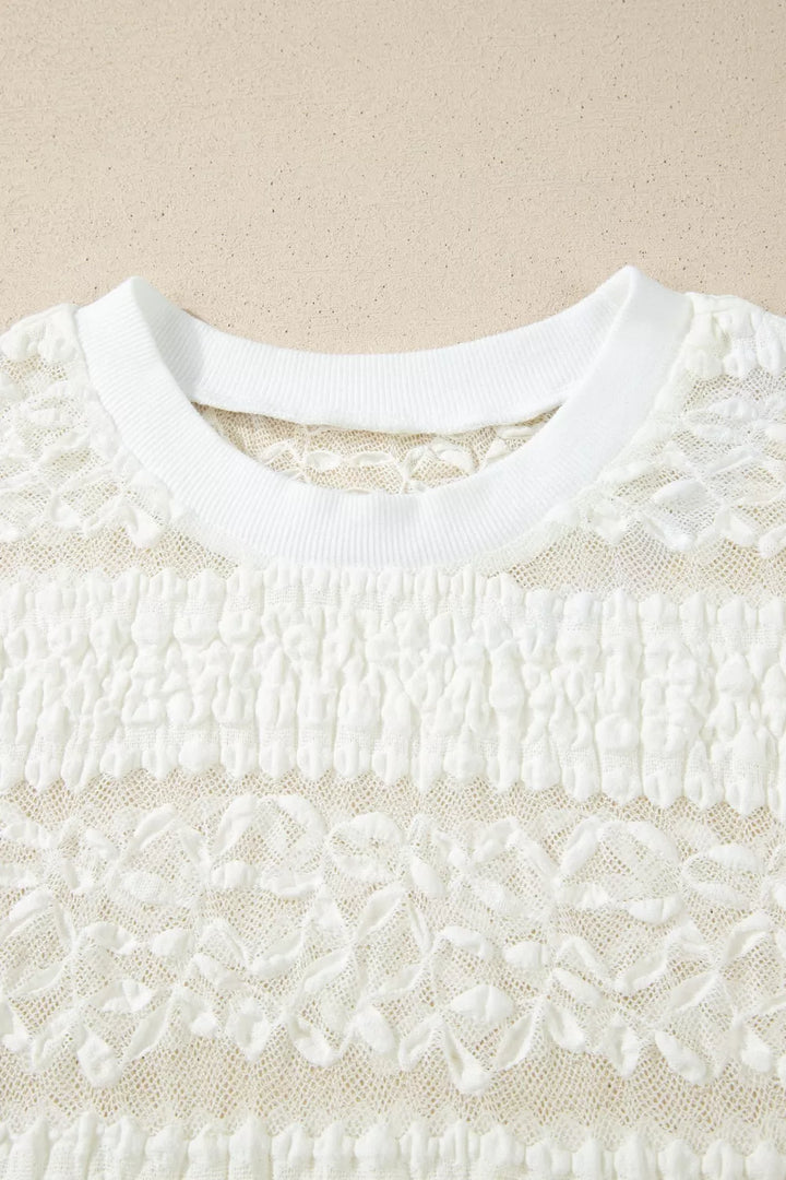 Sheer Lace Textured Patchwork Short Sleeve Top