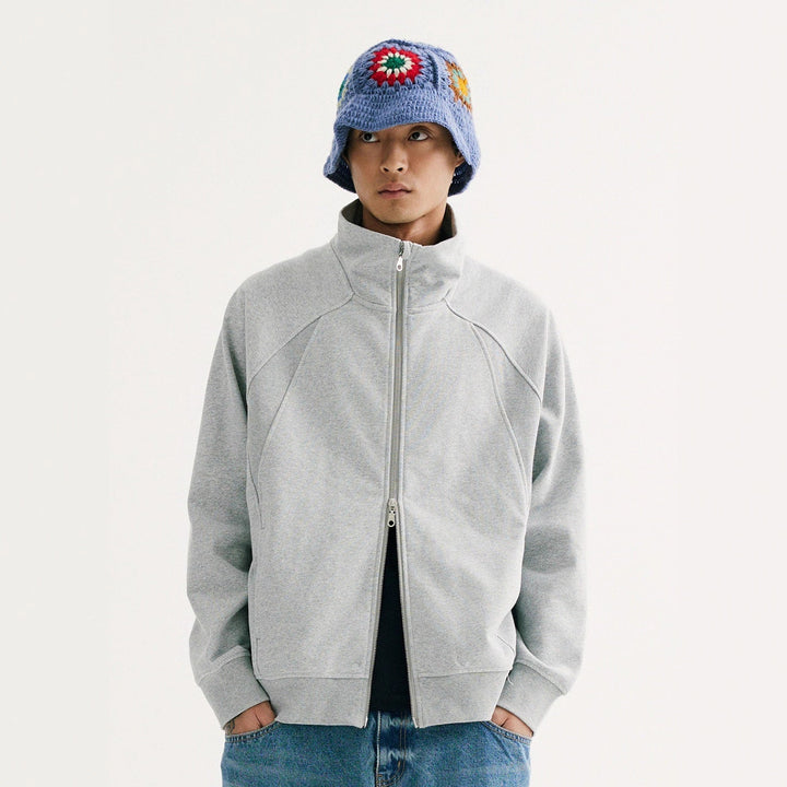 Retro Solid-color Curved-cut Stand-collar Zip-up Hoodie