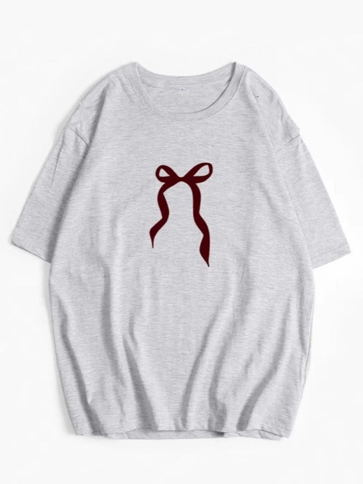 Plus Size Bow Round Neck Short Sleeve T-Shirt