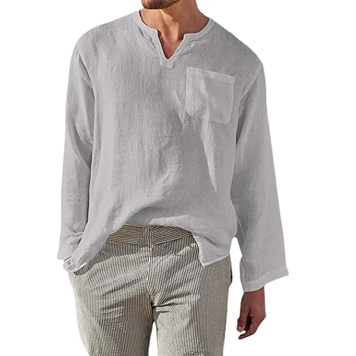 Men's Full Size Casual Notched Linen Long Sleeve Top Plus Size