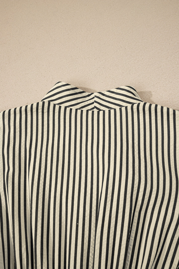 Black Stripe V Neck Zip Front Cinched High Waist Midi Dress