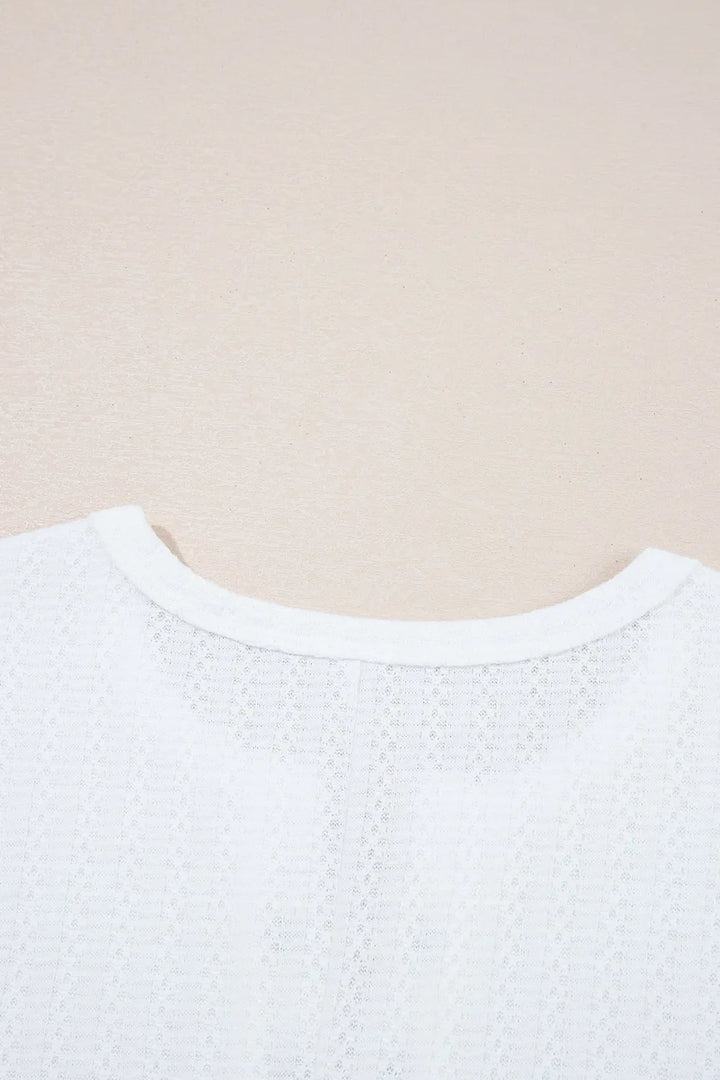 Textured Hollow Grommet Placket Split Neck Short Sleeve Top