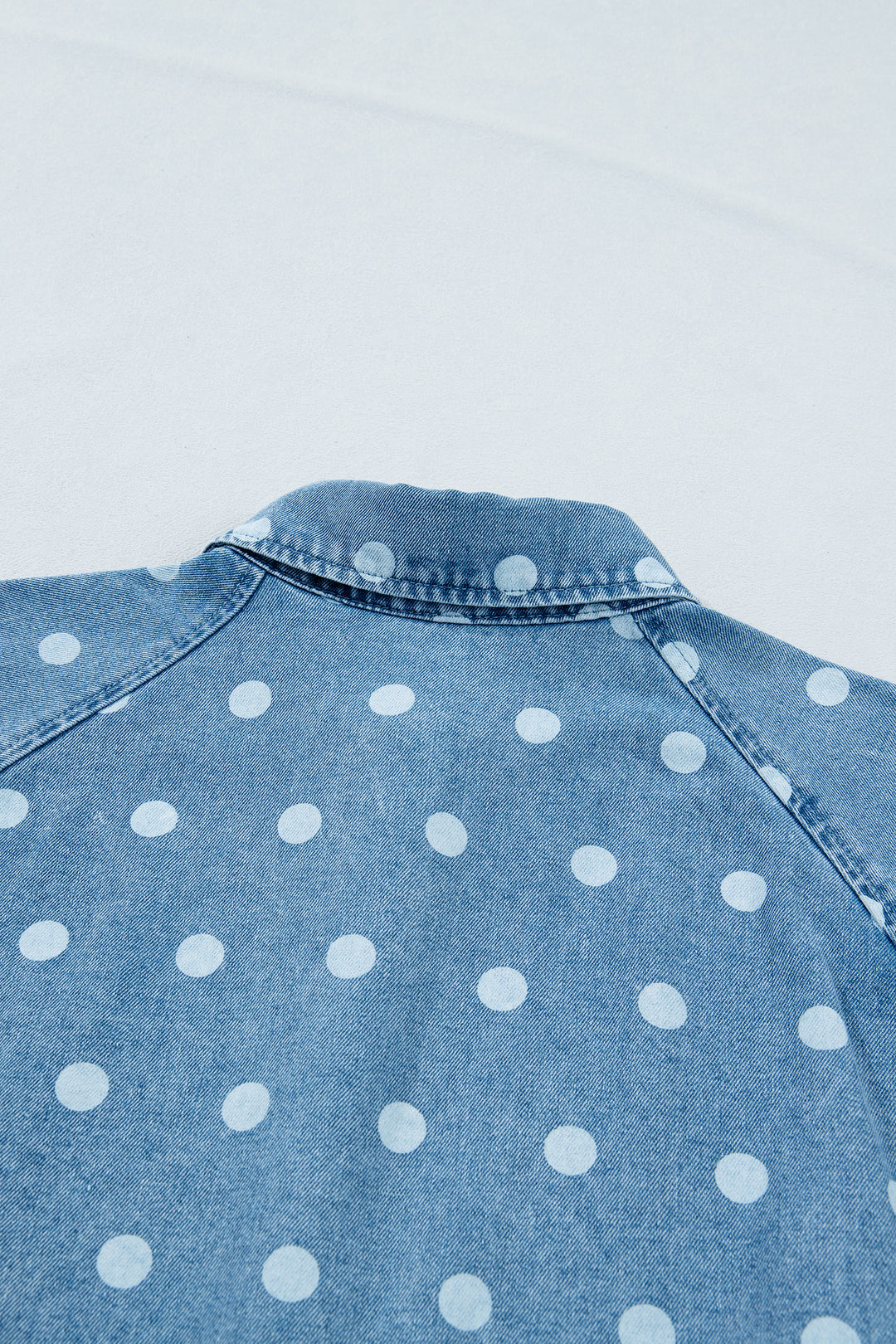 Sky Blue Polka Dot Print Ruffled Short Puff Sleeve Button Down Loose Denim Dress