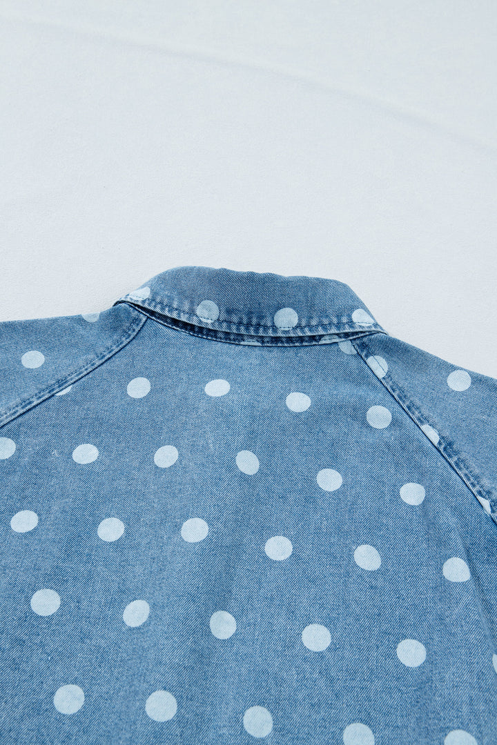 Sky Blue Polka Dot Print Ruffled Short Puff Sleeve Button Down Loose Denim Dress