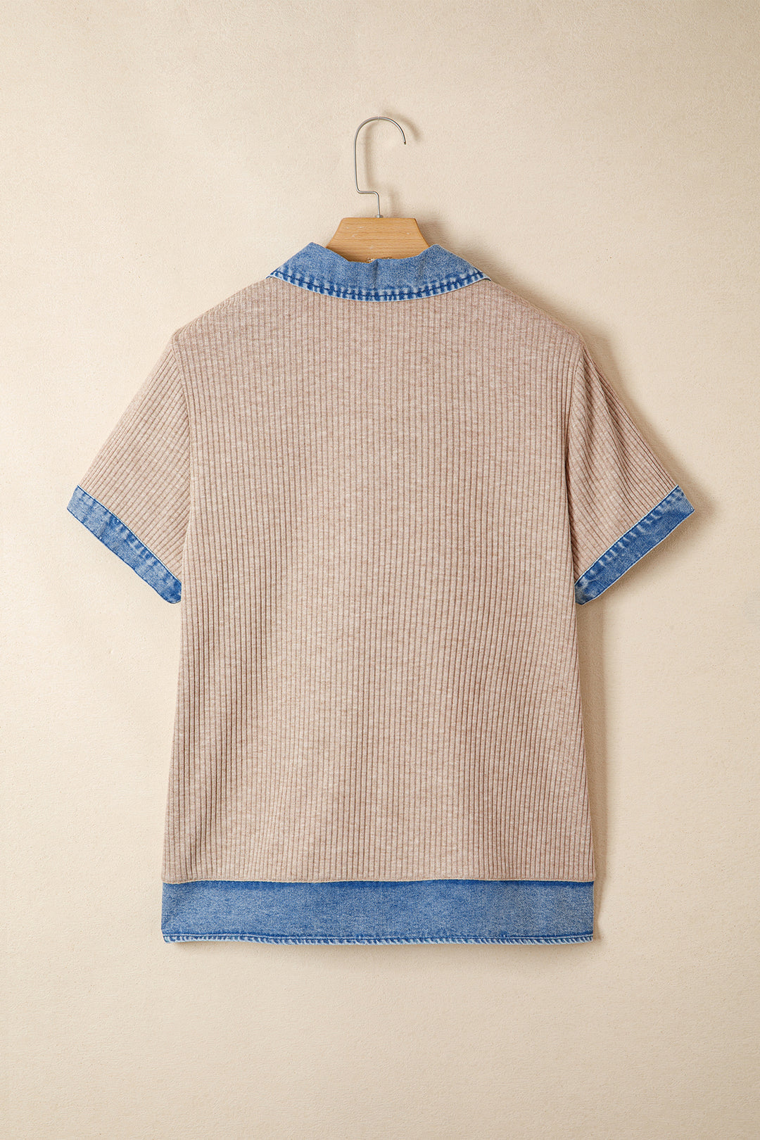 Beige Ribbed Knit Denim Color Block Patchwork Button Detail Collared Blouse