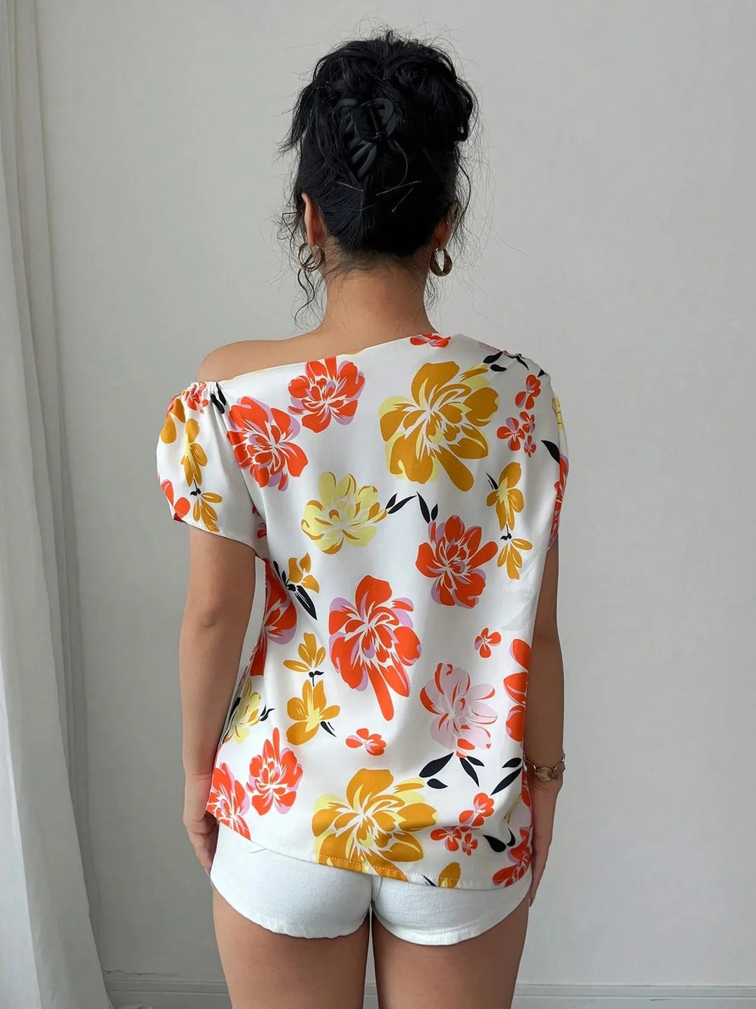 Floral Print One Shoulder Short Sleeve Blouse