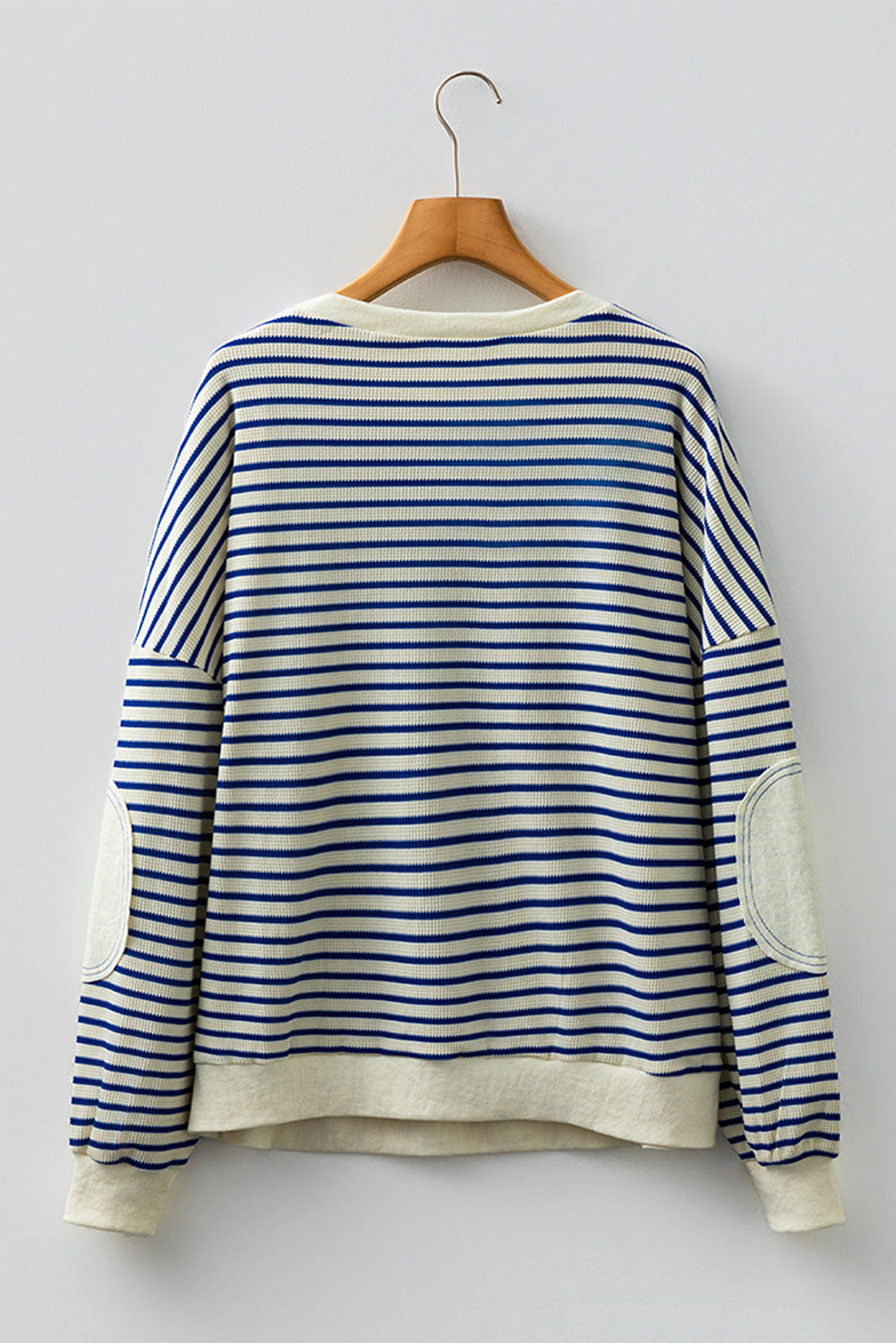 Blue Stripe Textured Elbow Patched Crew Neck Drop Shoulder Sweatshirt