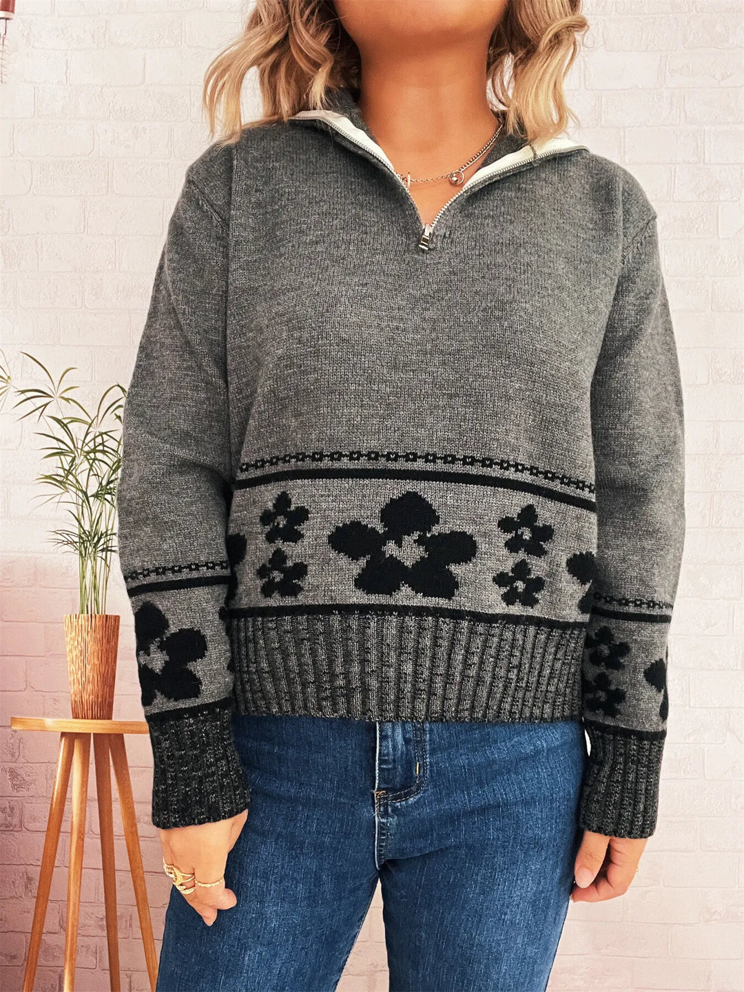 Flower Zip Collar Long Sleeve Sweater