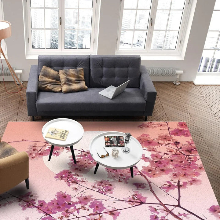 Pastel Cherry Blossom And Crescent Moon Non-Slip Flannel Floor Mat Home Rug Decoration