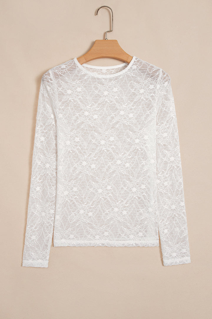 Beige Long Sleeve Sheer Mesh Lace Top
