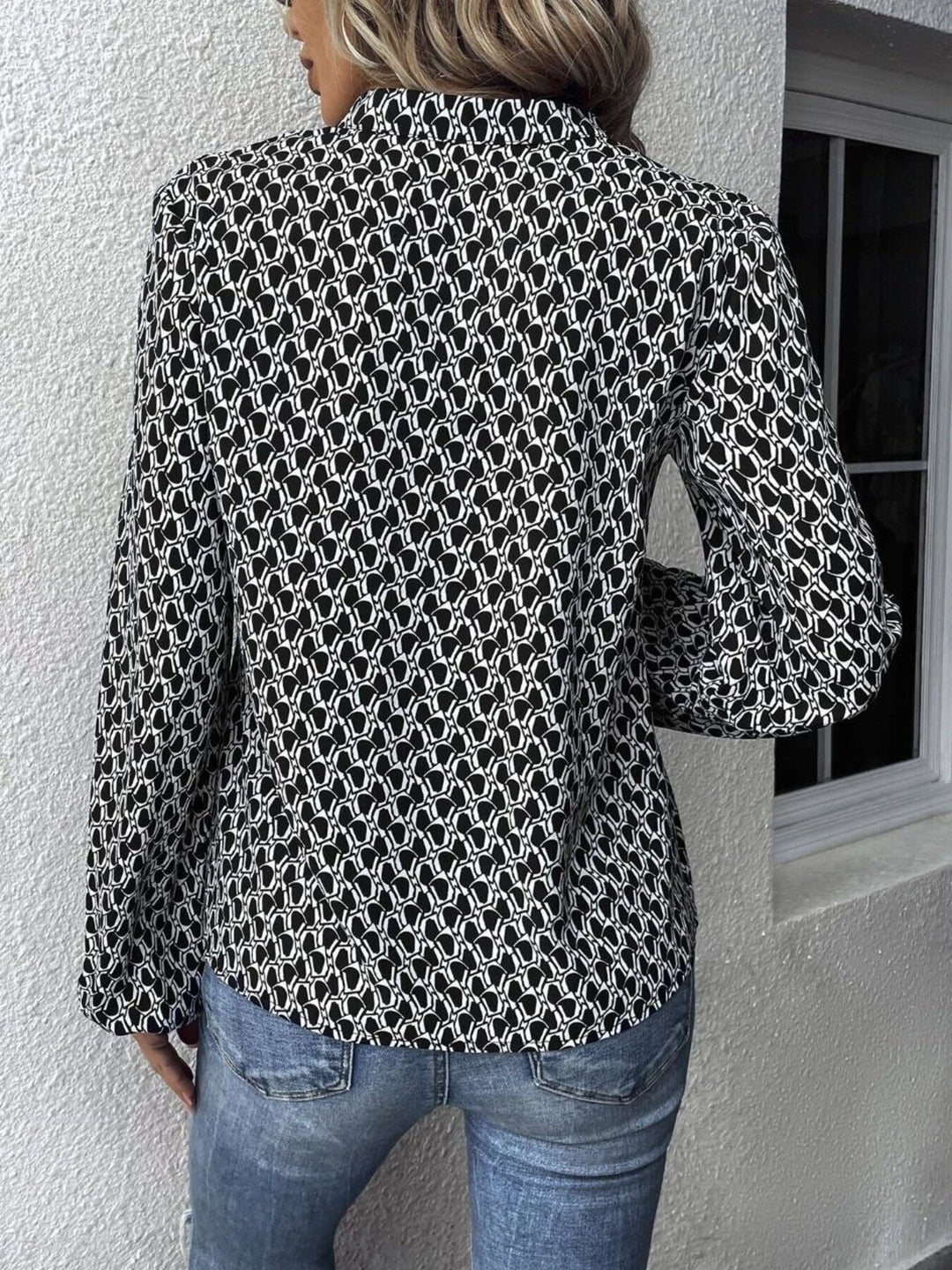Printed Notched Balloon Sleeve Blouse