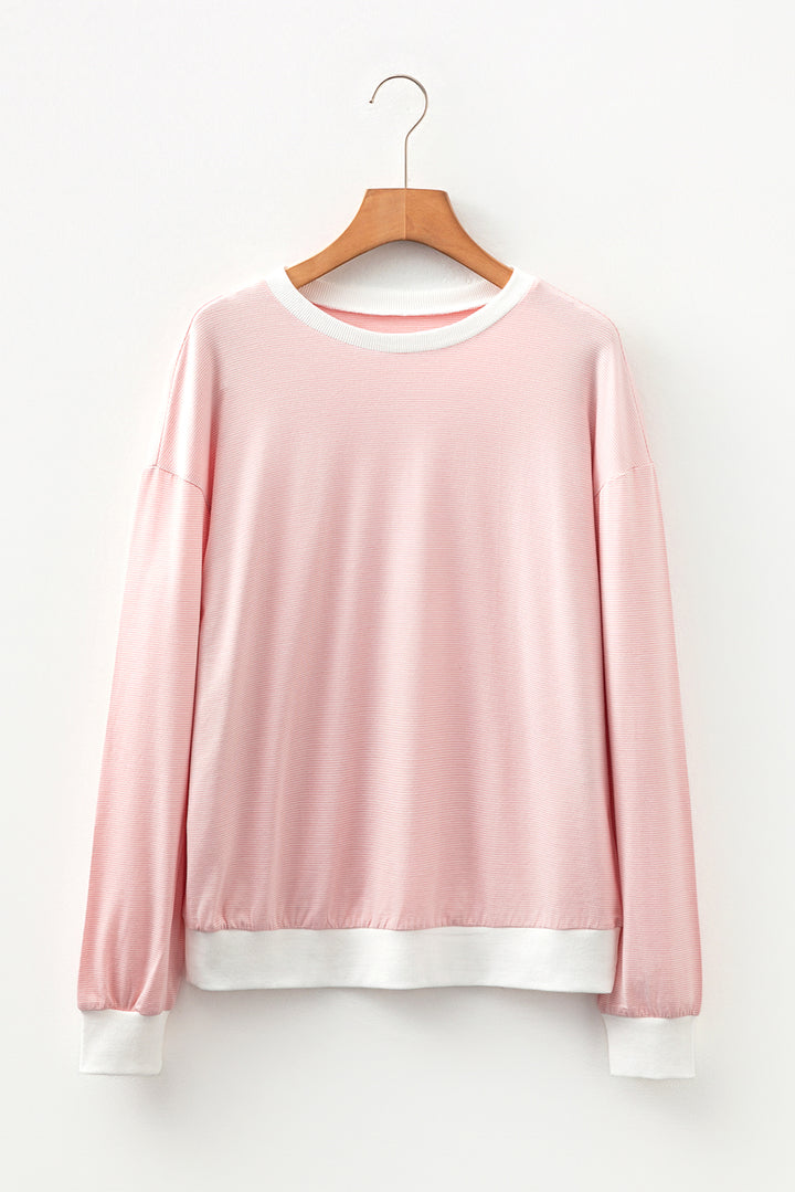 Pink Stripe Contrast Edge Patchwork Long Sleeve Top