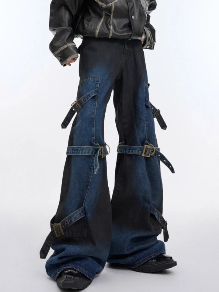 Men's Plus Size Buckle Strap Washed Flare Jeans