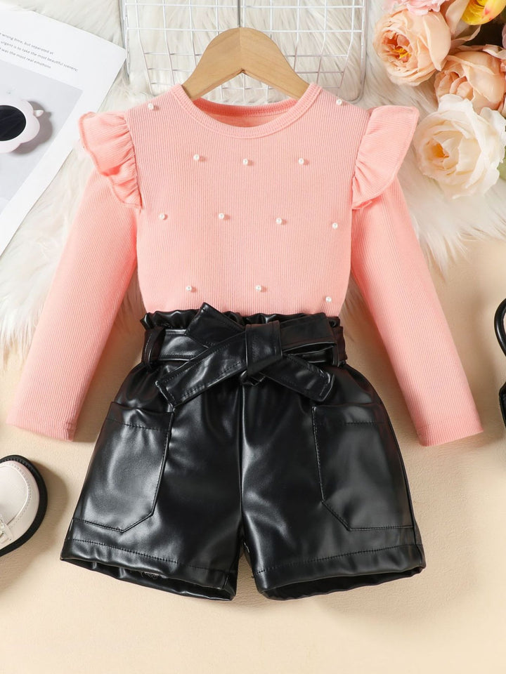Children's Ruffled Pearl Embellished Top & Faux Leather Shorts Set with Belt
