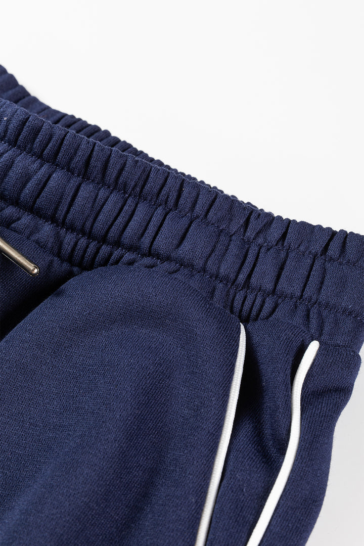 Navy Blue Contrast Piping Zipped Pullover Cropped Pants Set