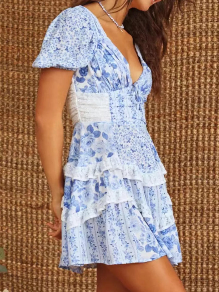 Floral Puff Sleeve Tiered Mini Dress