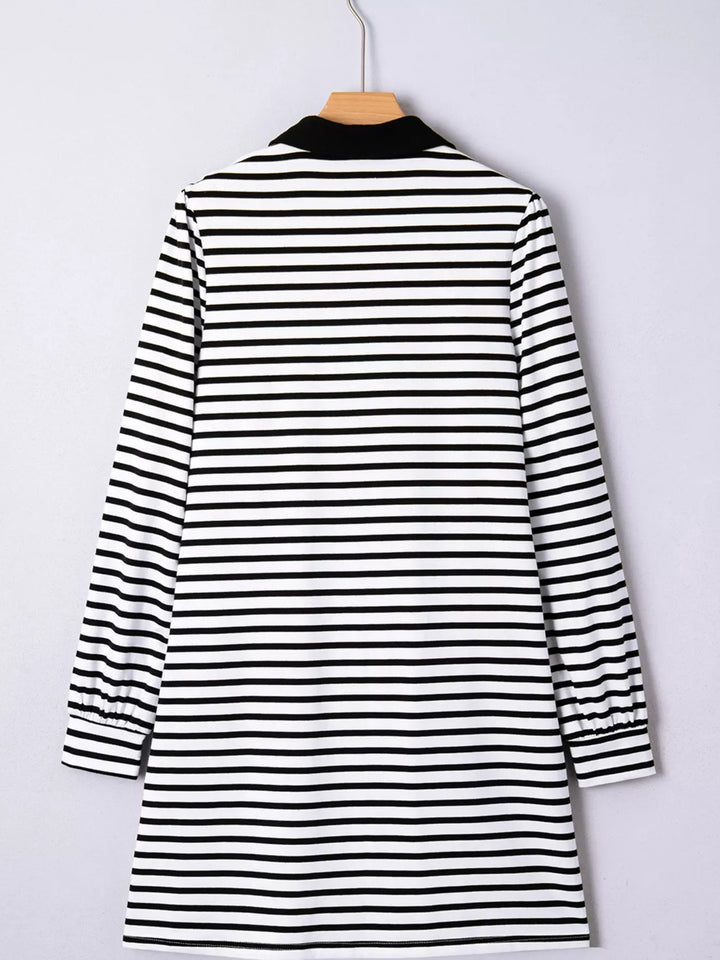 Stripe Buttoned Front Collared Long Sleeve T Shirt Dress with Pockets