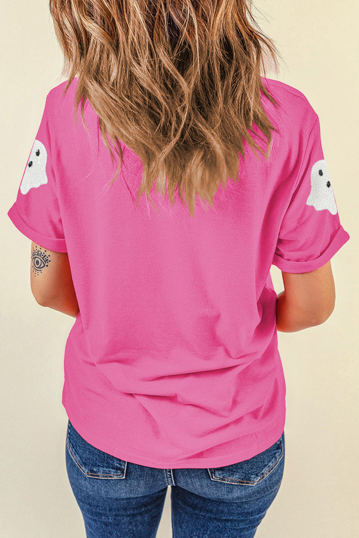 Sachet Pink Sequin Halloween Ghost Patched Casual T Shirt