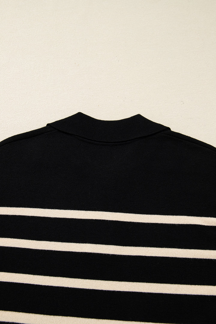 Black Stripe Polo Collar Puff Sleeve Sweater Mini Dress