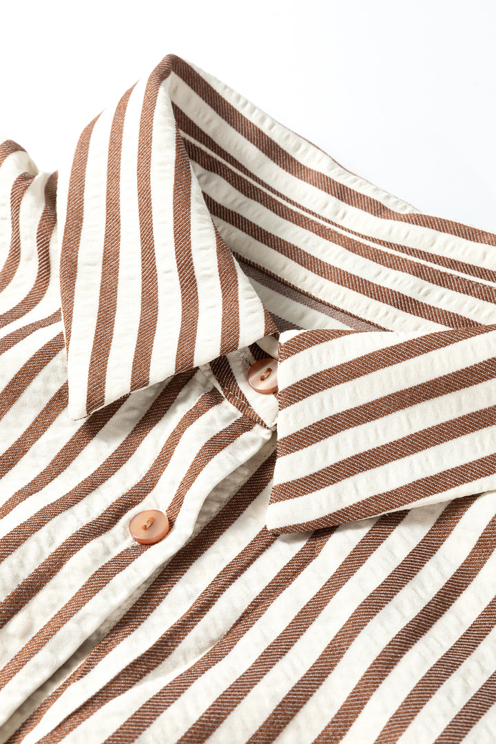 Brown Stripe Textured 3/4 Sleeve Round Hem Split Midi Shirt Dress
