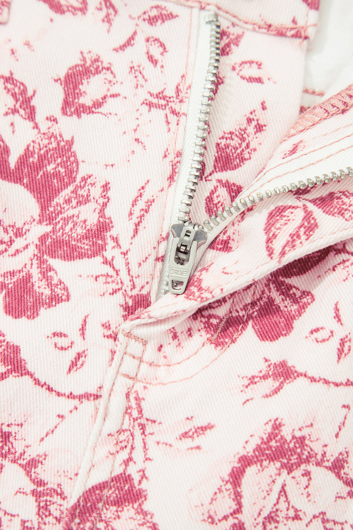 Pink Vintage Floral Print Denim Shift Pants