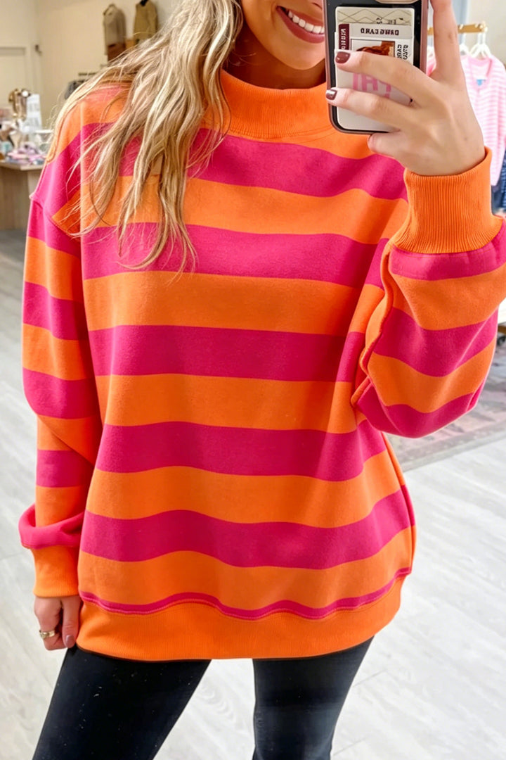 Blue Stripe Colorblock Mock Neck Relaxed Sweatshirt