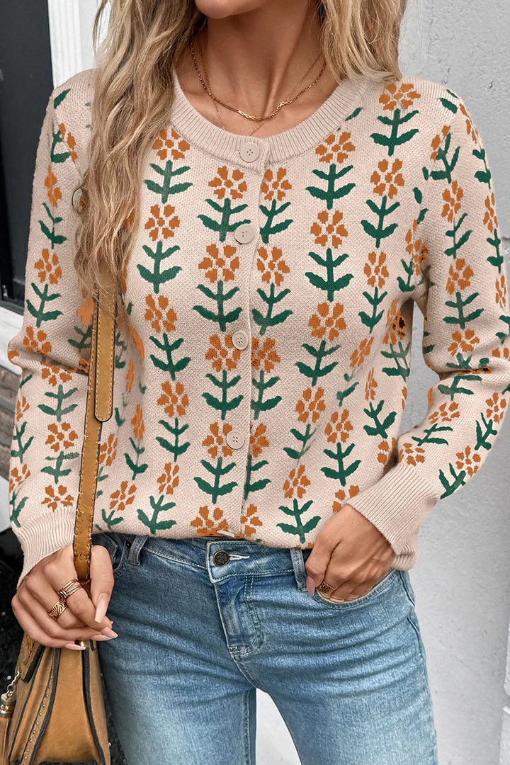 Floral Button-Up Knit Cardigan