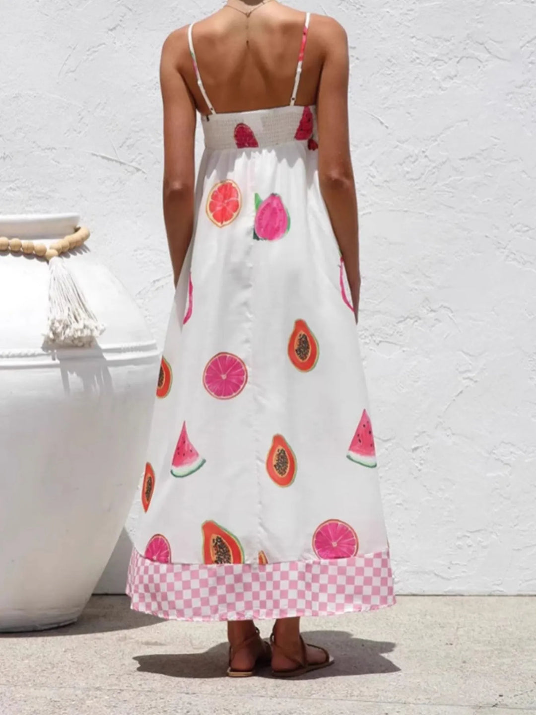 Printed Checkered Hem Cami Midi Dress