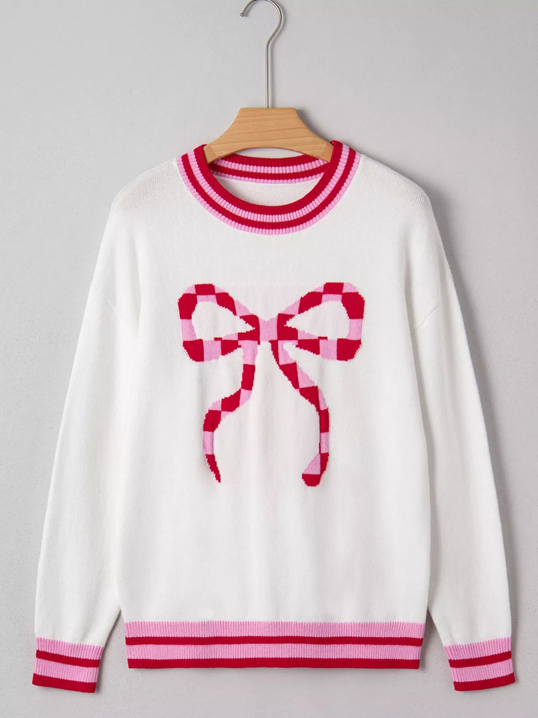 Striped Trim Bow Graphic Round Neck Drop Shoulder Sweater