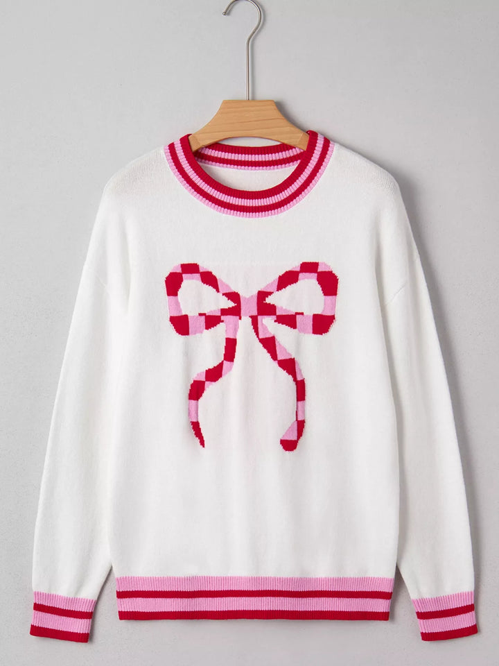 Striped Trim Bow Graphic Round Neck Drop Shoulder Sweater