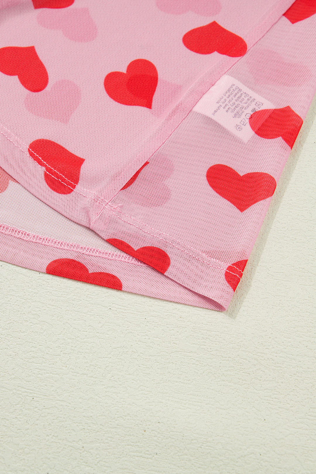 Pink Valentines Heart Printed Sheer Mesh Long Sleeve Top
