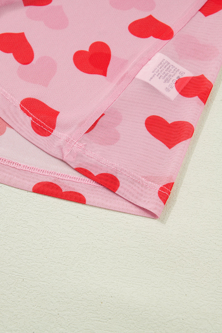 Pink Valentines Heart Printed Sheer Mesh Long Sleeve Top