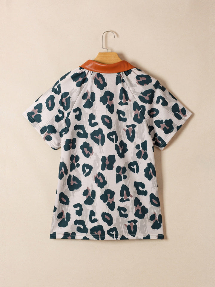 \Leopard Print Button Contrast Collared Short Sleeve Blouse