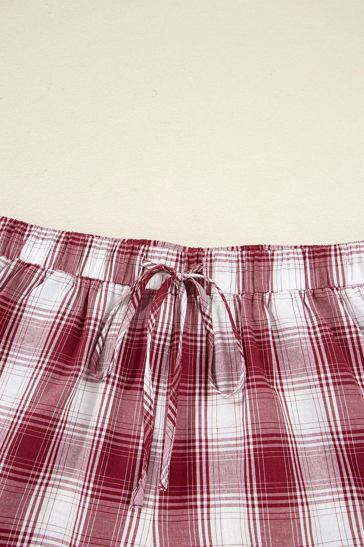 Plaid Long Sleeve Shirt and Drawstring Shorts Lounge Set